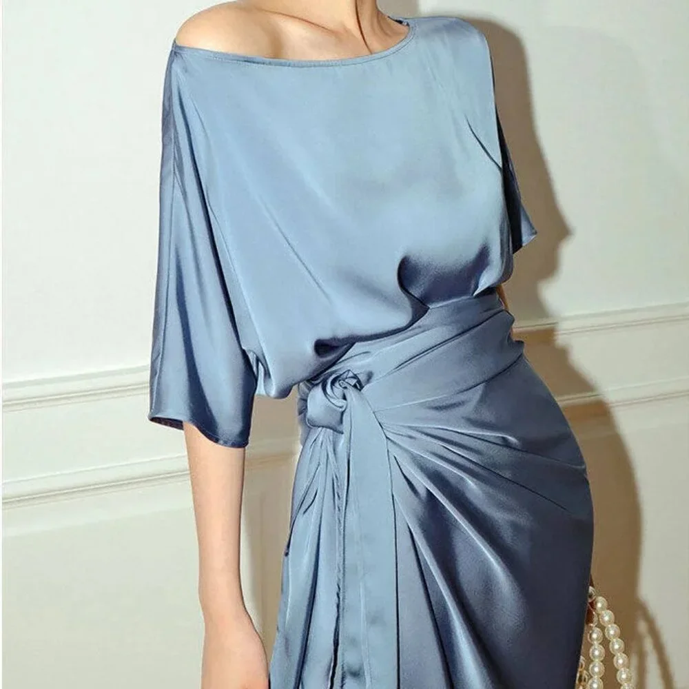 FEHAUTE Satin Wrap Waist Dress M Blue One Shoulder Satin A-Line Midi Dusky Blue - Picture 2 of 8